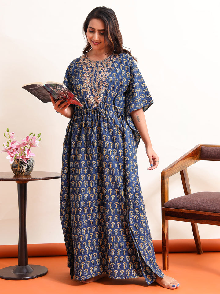 Blue Embroidered Neck Golden Cotton Kaftan Nighty