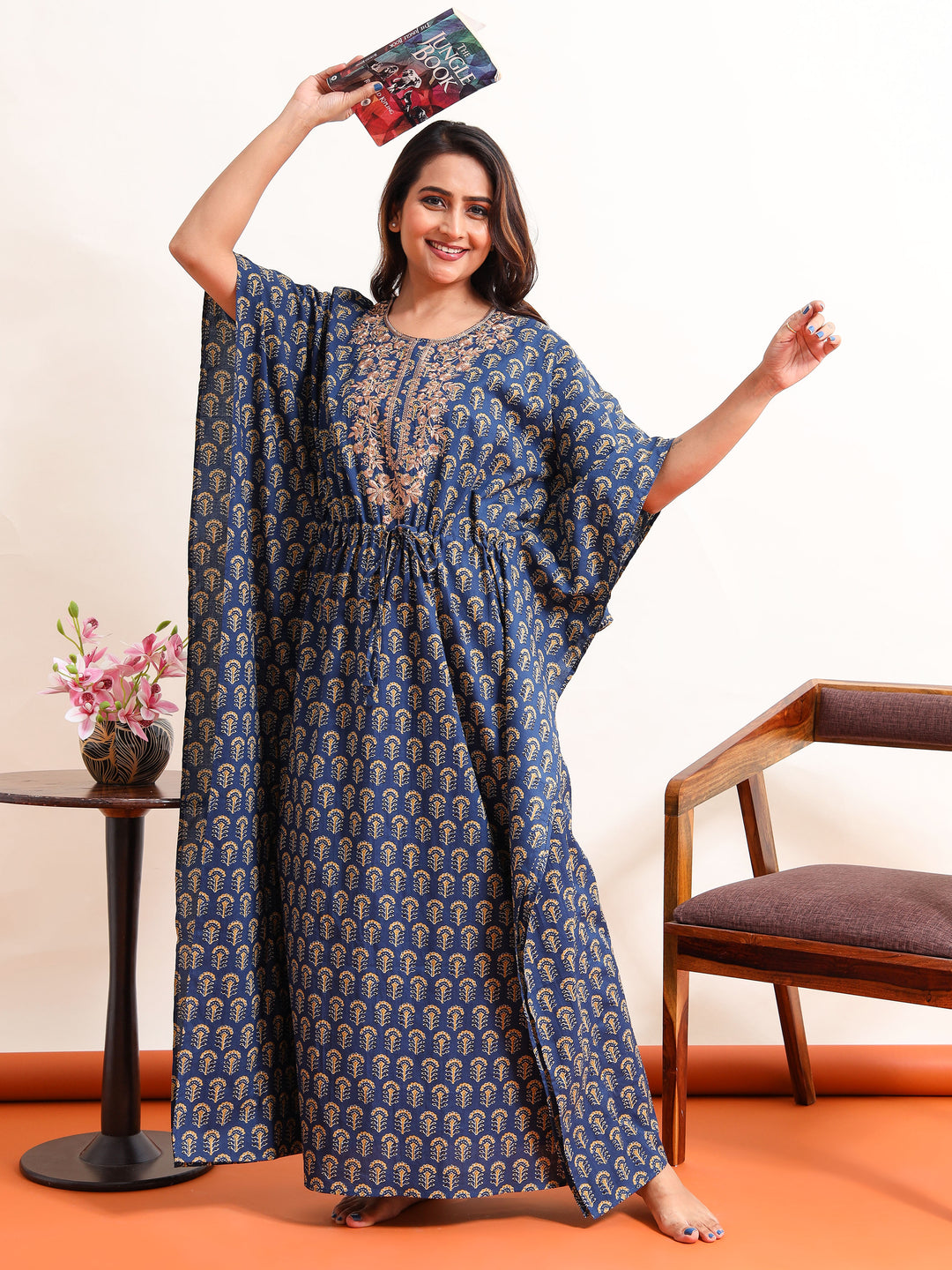 Blue Embroidered Neck Golden Cotton Kaftan Nighty