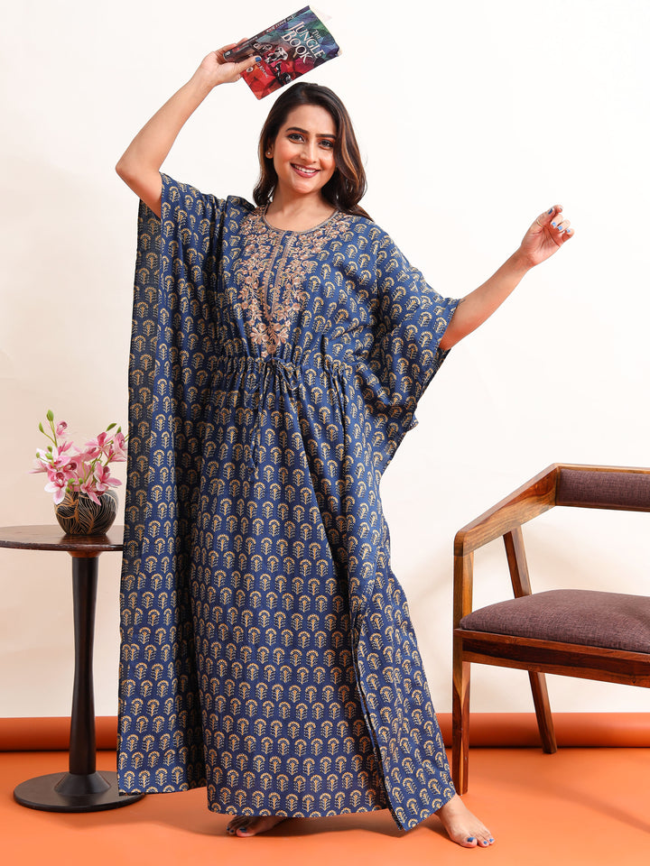 Blue Embroidered Neck Golden Cotton Kaftan Nighty