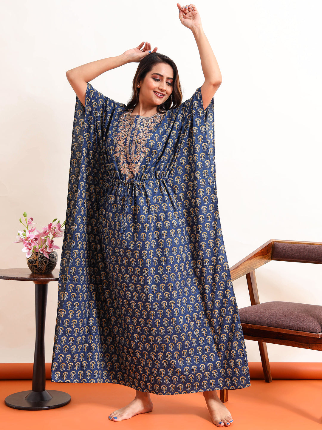 Blue Embroidered Neck Golden Cotton Kaftan Nighty