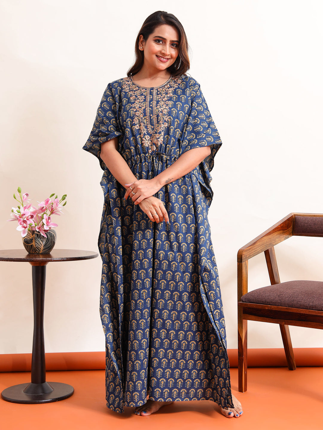 Blue Embroidered Neck Golden Cotton Kaftan Nighty