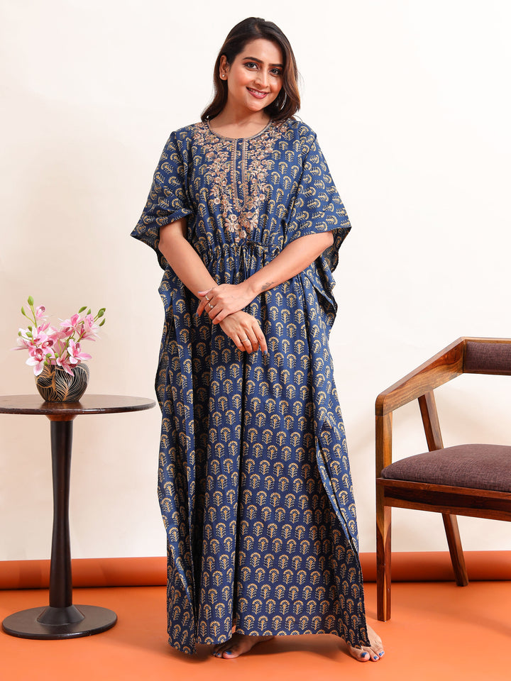 Blue Embroidered Neck Golden Cotton Kaftan Nighty