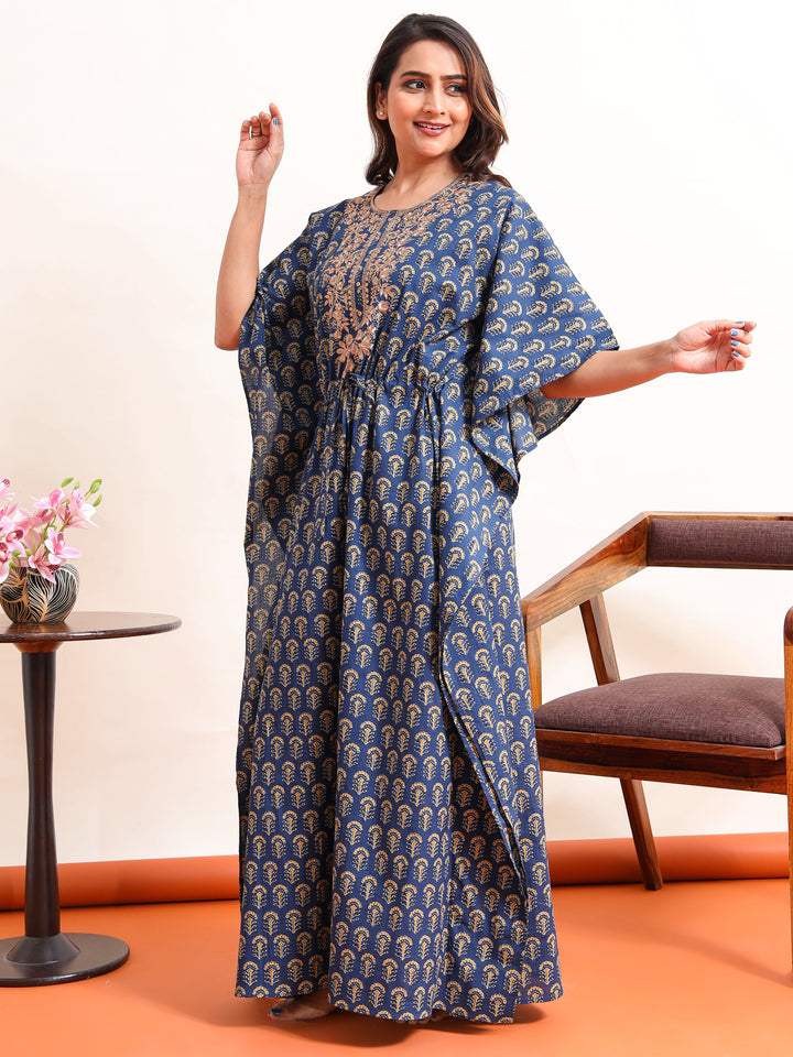 Blue Embroidered Neck Golden Cotton Kaftan Nighty