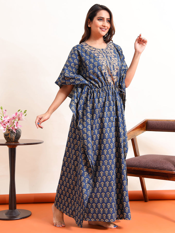 Blue Embroidered Neck Golden Cotton Kaftan Nighty