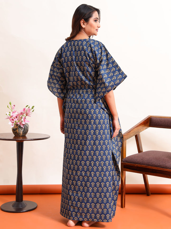 Blue Embroidered Neck Golden Cotton Kaftan Nighty