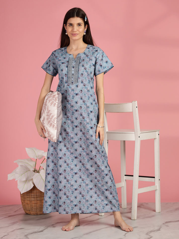Blue Floral Pure Cotton Nighty for Women with Lace Neckline
