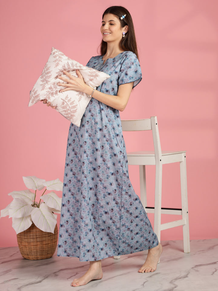 Blue Floral Pure Cotton Nighty for Women with Lace Neckline
