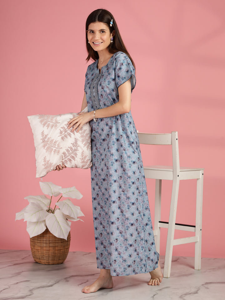 Blue Floral Pure Cotton Nighty for Women with Lace Neckline