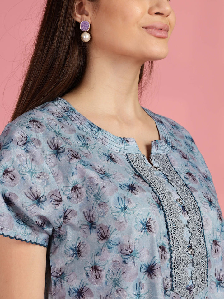 Blue Floral Pure Cotton Nighty for Women with Lace Neckline