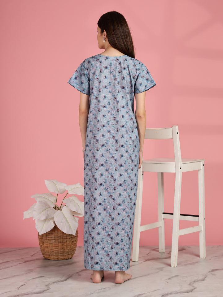 Blue Floral Pure Cotton Nighty for Women with Lace Neckline