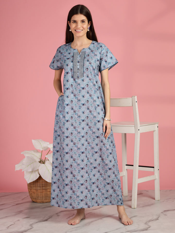 Blue Floral Pure Cotton Nighty for Women with Lace Neckline