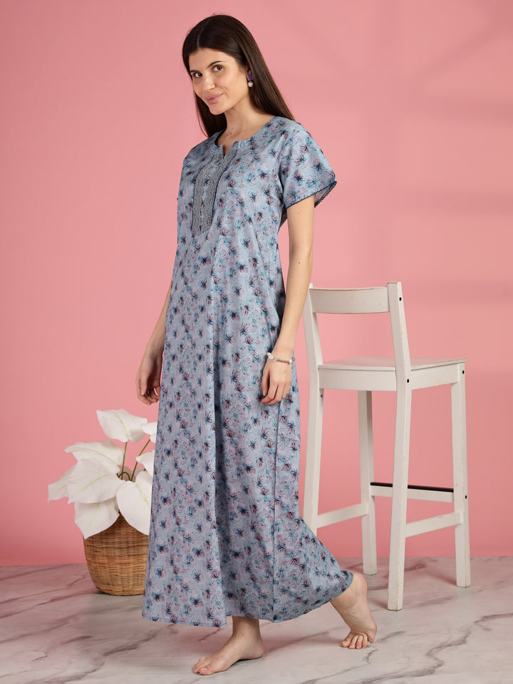 Blue Floral Pure Cotton Nighty for Women with Lace Neckline
