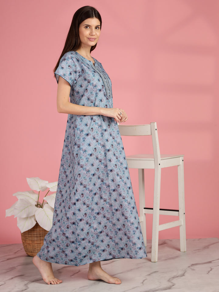 Blue Floral Pure Cotton Nighty for Women with Lace Neckline