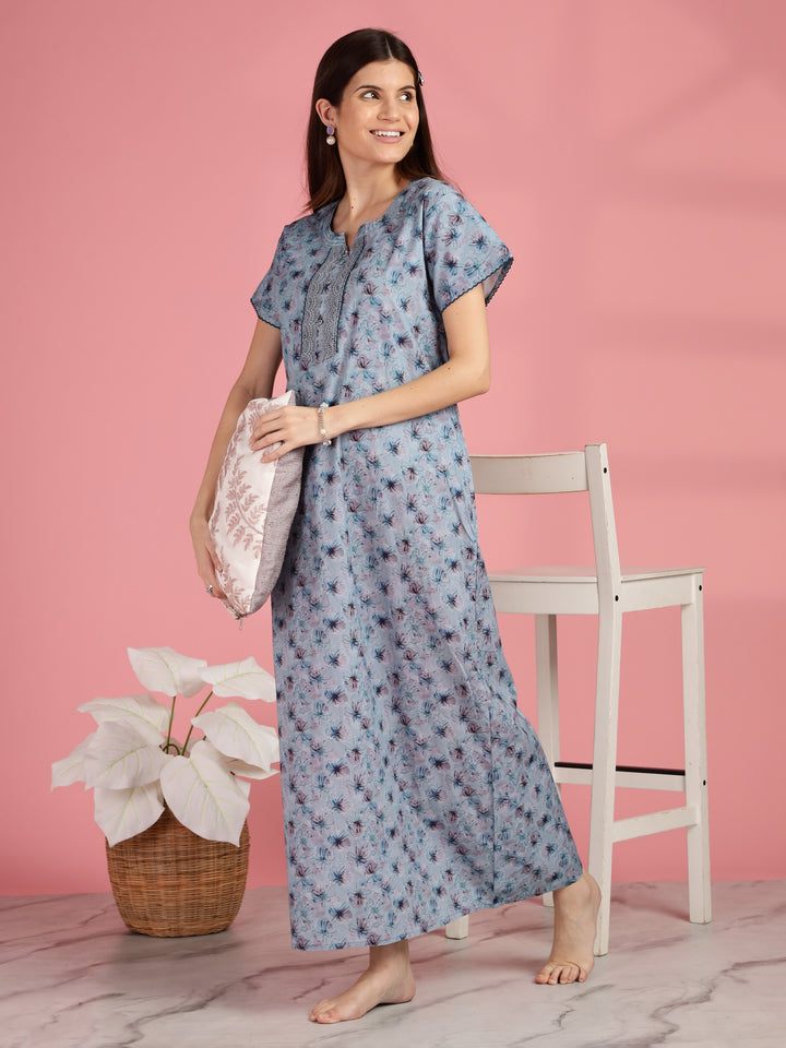 Blue Floral Pure Cotton Nighty for Women with Lace Neckline