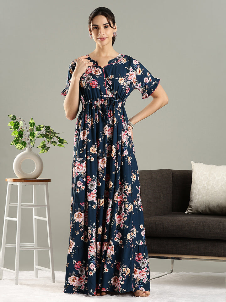 Blue Floral Premium Rayon Frock Style Nighty for Women