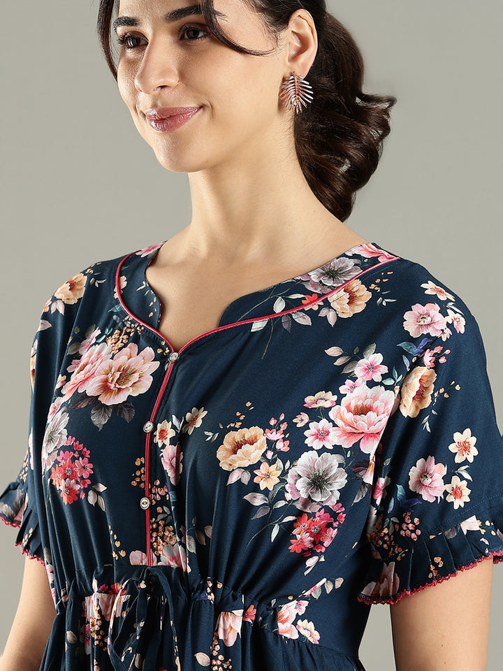 Blue Floral Premium Rayon Frock Style Nighty for Women