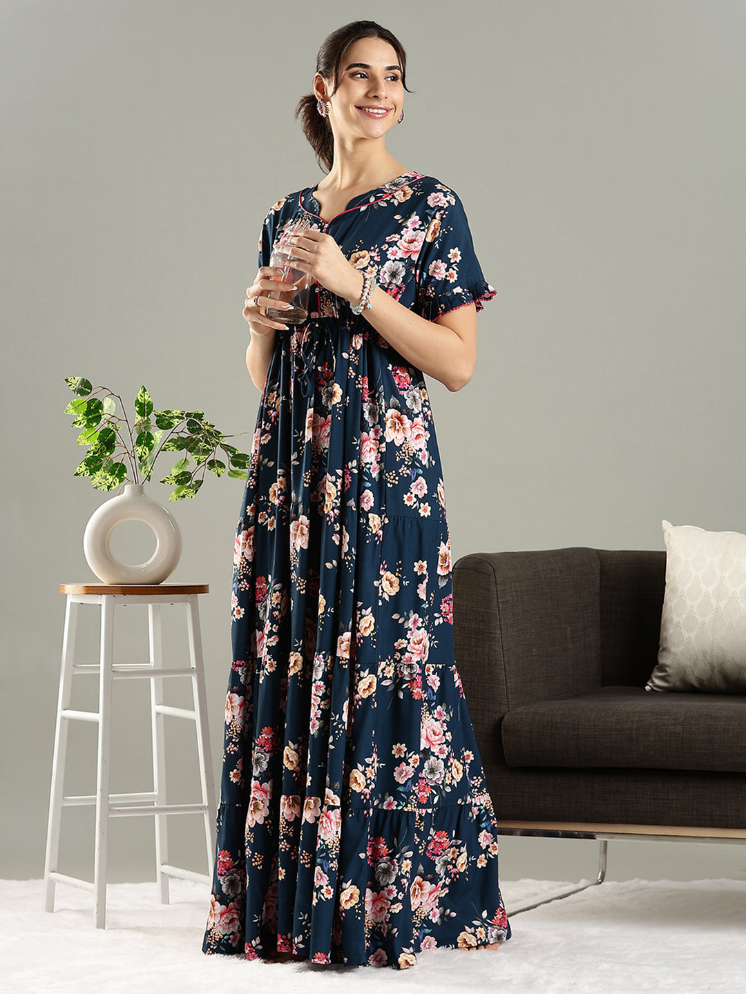 Blue Floral Premium Rayon Frock Style Nighty for Women