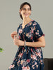 Blue Floral Rayon Designer Nighty for Women Frock Style with Waist Tie