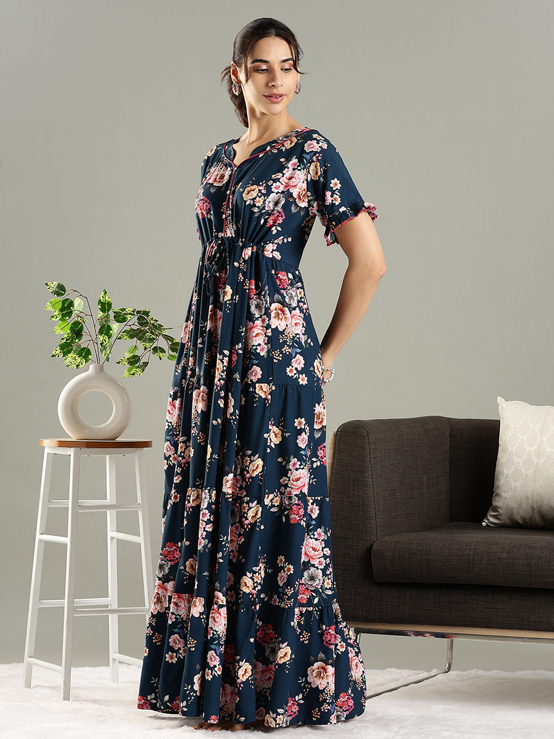 Blue Floral Premium Rayon Frock Style Nighty for Women