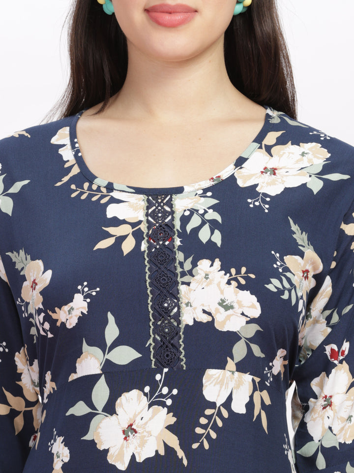 Blue Floral Print Rayon Best Nighty for Women