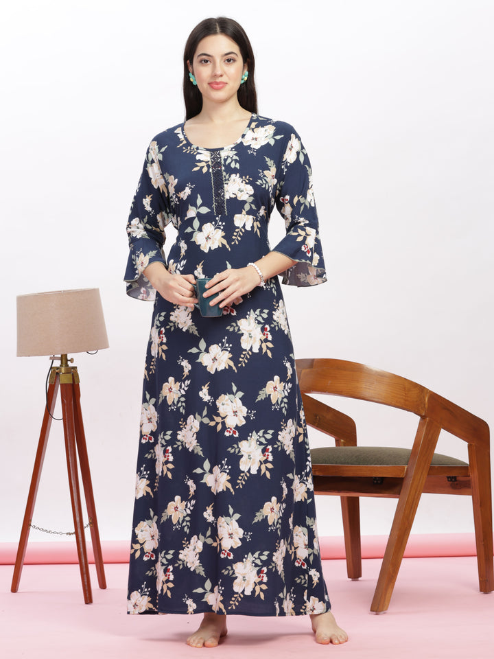 Blue Floral Print Rayon Best Nighty for Women