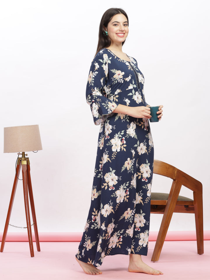 Blue Floral Print Rayon Best Nighty for Women