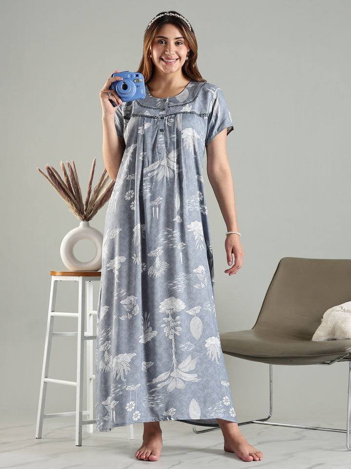 Cloudy Grey Blue Front Open Nighty For Women