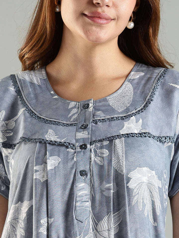 Cloudy Grey Blue Front Open Nighty For Women