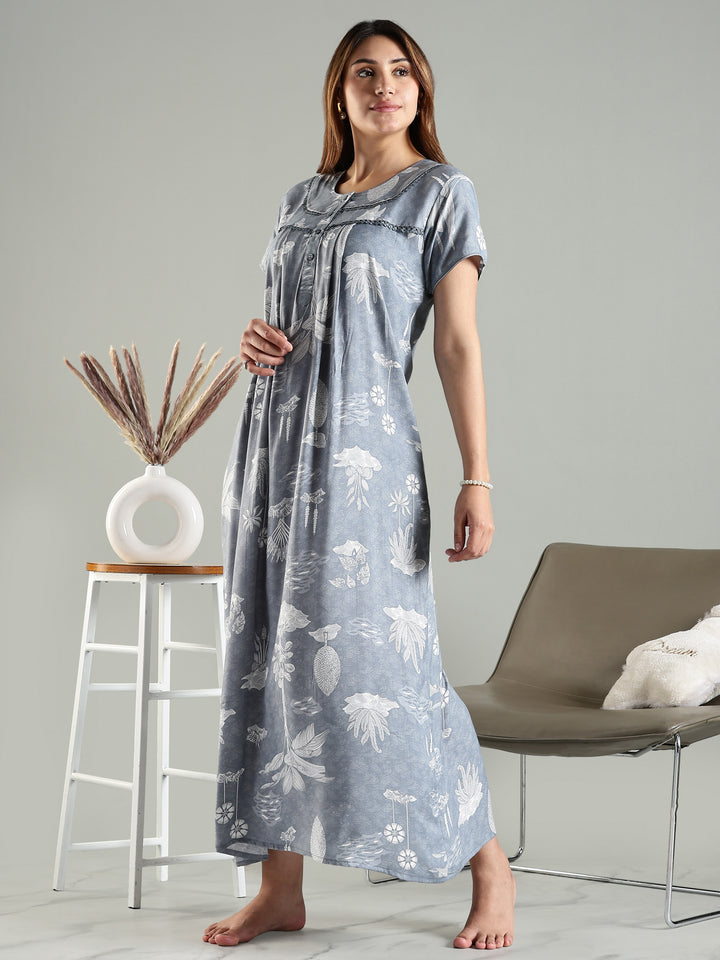Cloudy Grey Blue Front Open Nighty For Women