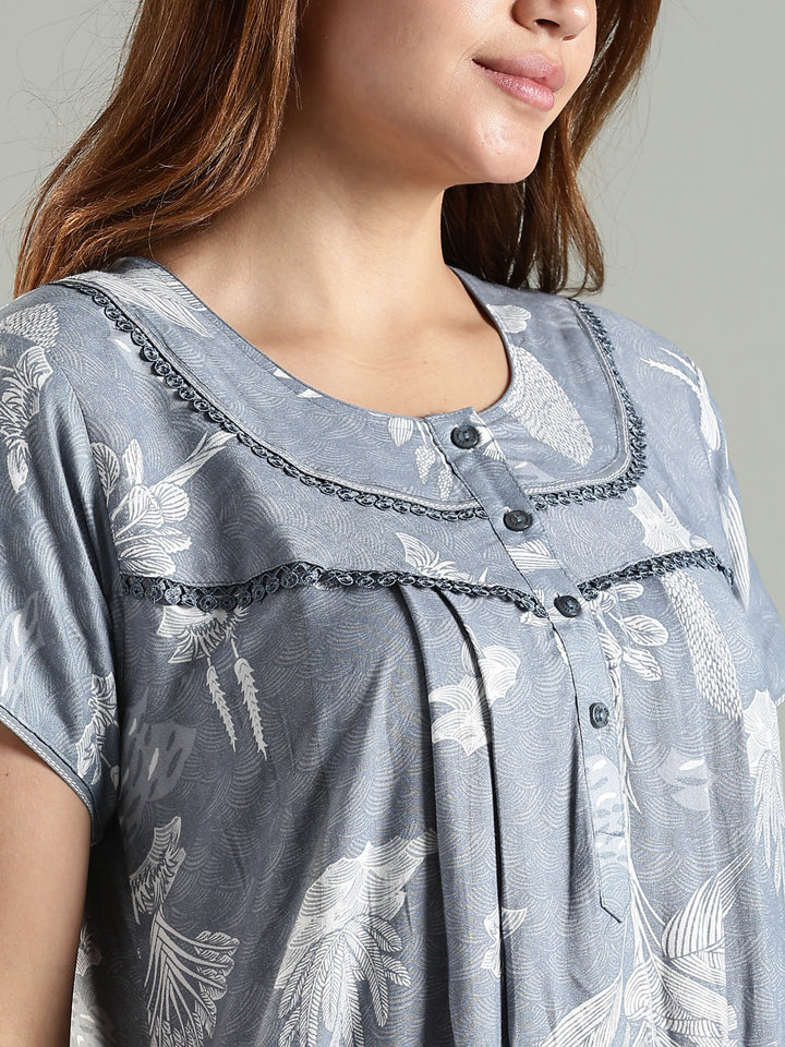 Cloudy Grey Blue Front Open Nighty For Women