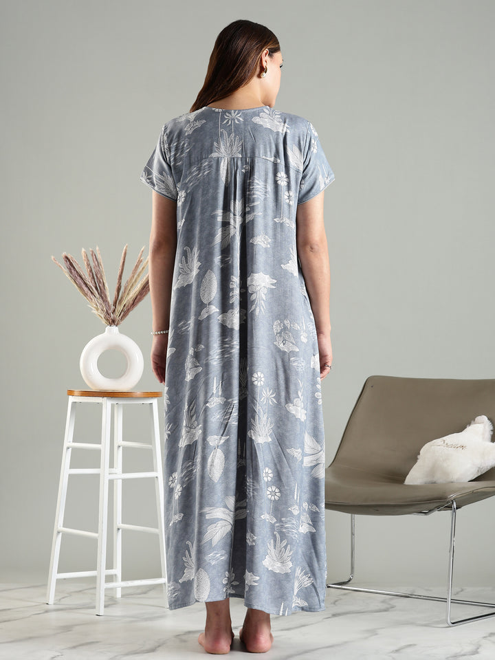 Cloudy Grey Blue Front Open Nighty For Women