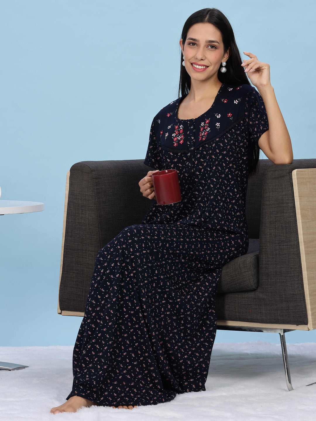 Blue Maternity Long Nighty For Women