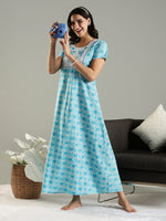 Blue Cotton Embroidered Nighty with Pocket and Lace Finish