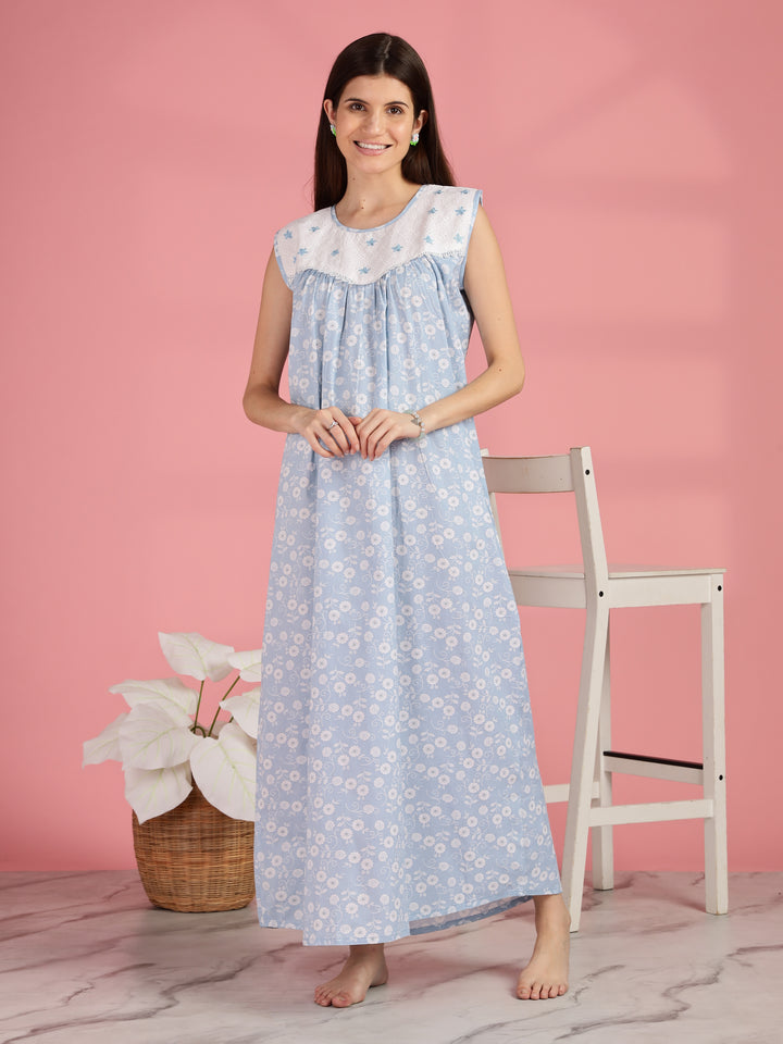 Blue Pure Cotton Sleeveless Nighty for Women