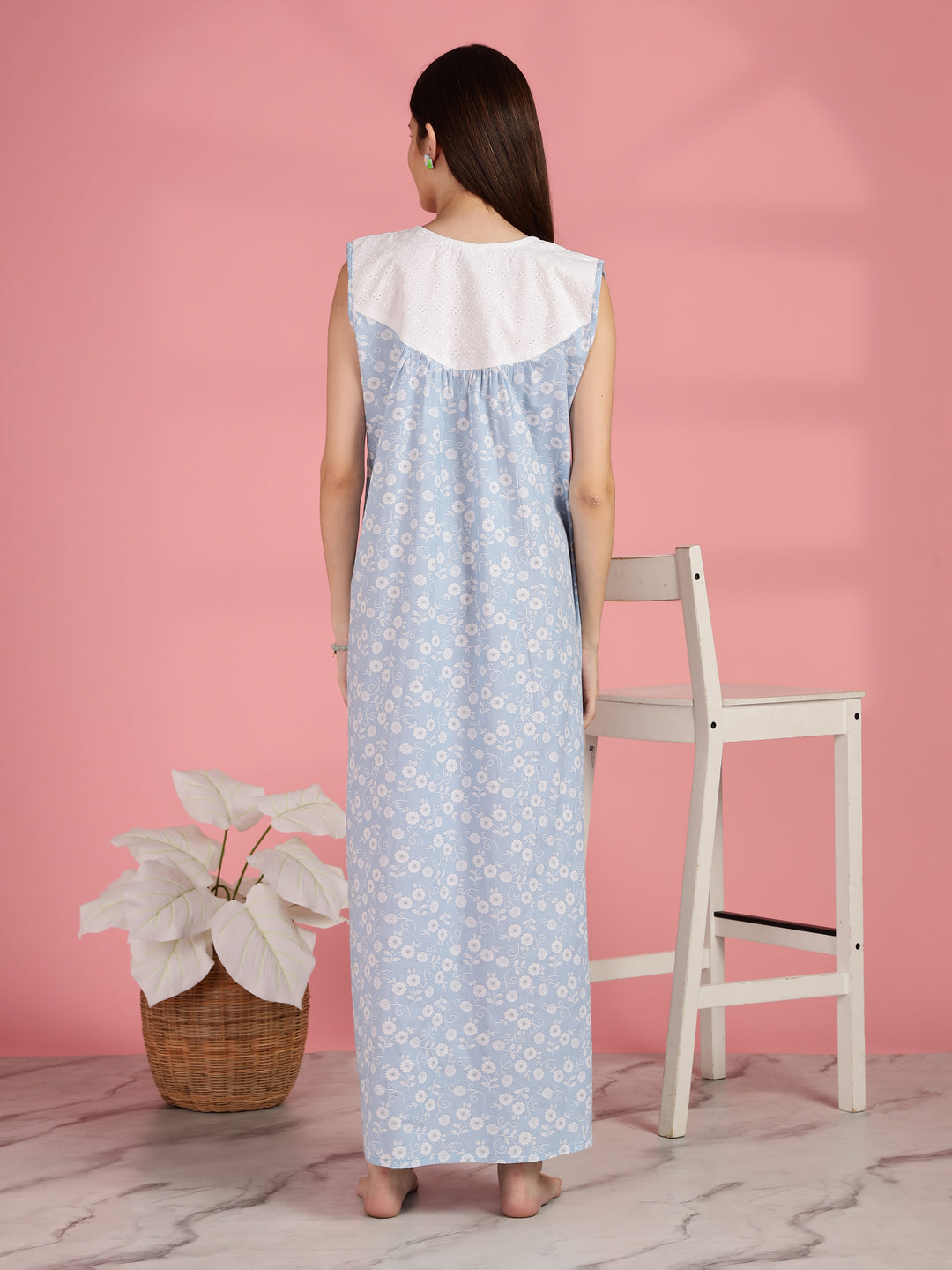 Blue Pure Cotton Sleeveless Nighty for Women