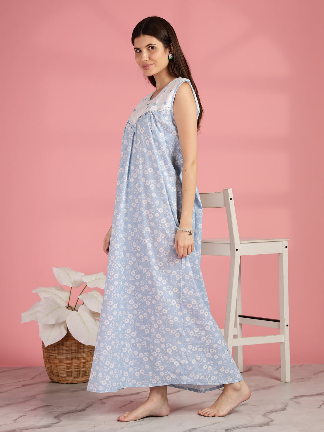 Blue Pure Cotton Sleeveless Nighty for Women
