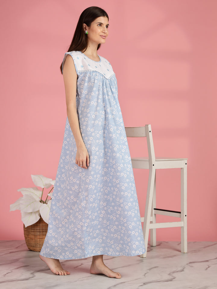 Blue Pure Cotton Sleeveless Nighty for Women