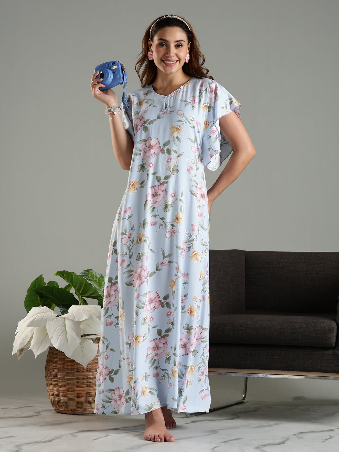 Blue Rayon Chic Frock Type Nighty For Women With Side Pocket