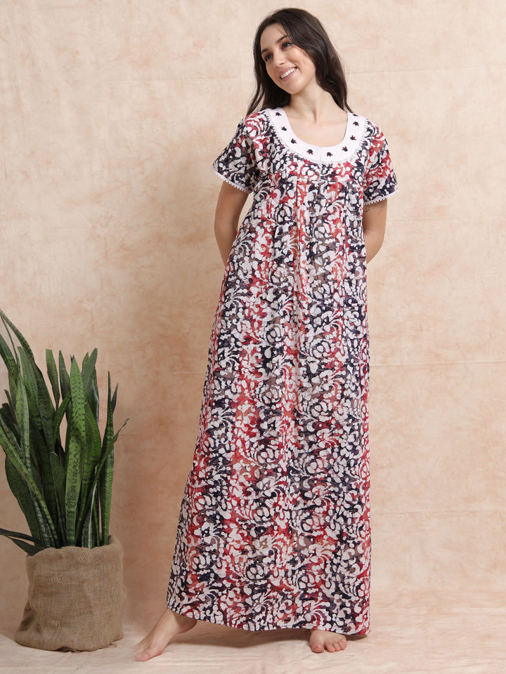 Blue Red Cotton Batik Nighty for Women