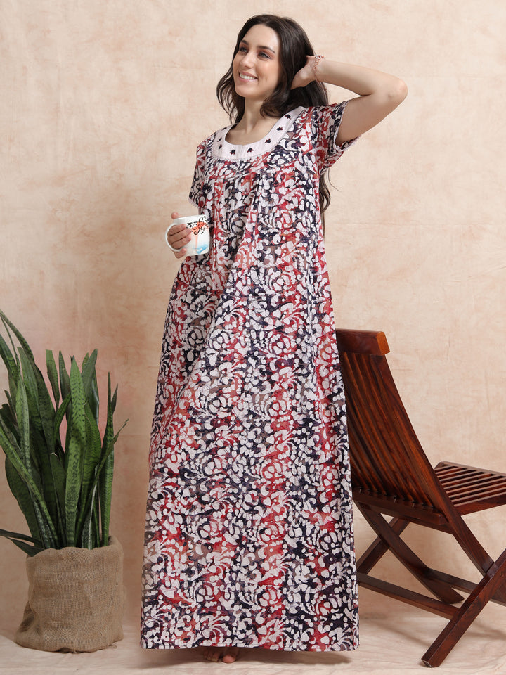 Blue Red Cotton Batik Nighty for Women