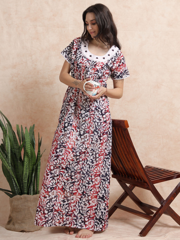 Blue Red Cotton Batik Nighty for Women