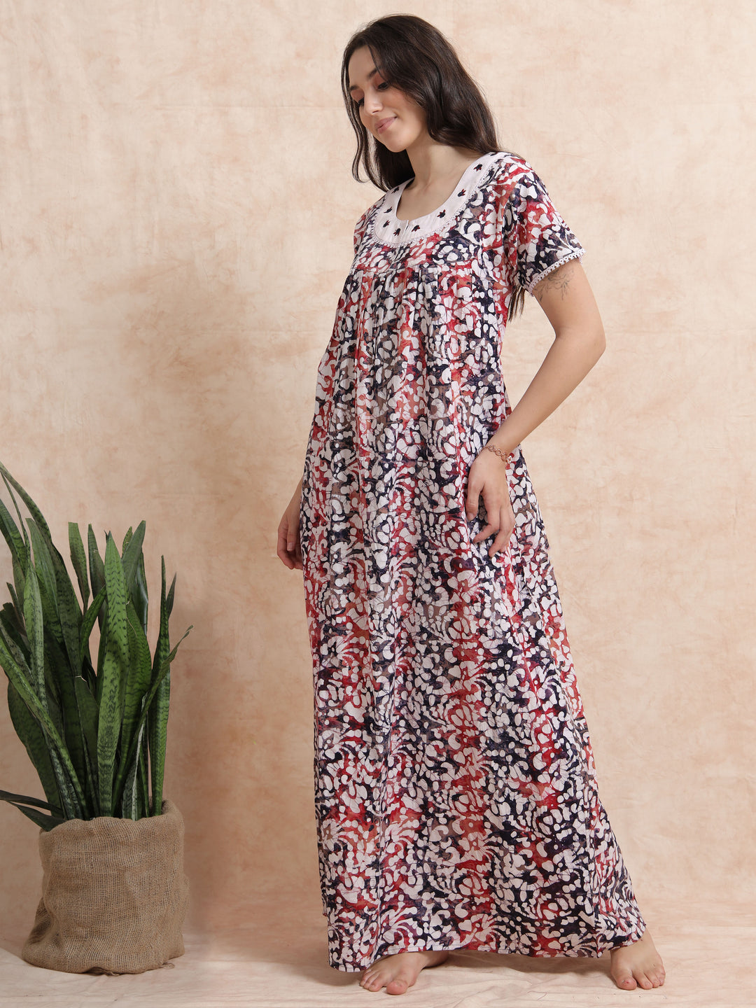Blue Red Cotton Batik Nighty for Women