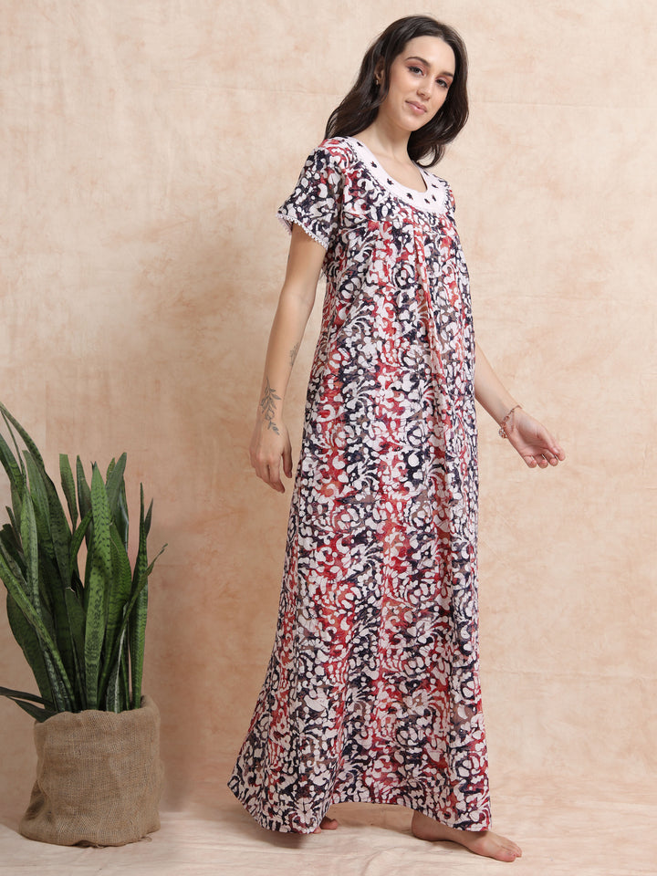 Blue Red Cotton Batik Nighty for Women