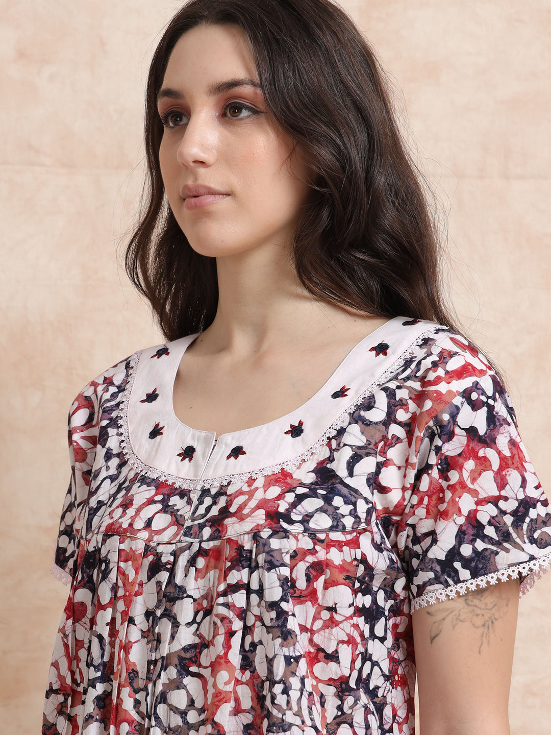 Blue Red Cotton Batik Nighty for Women