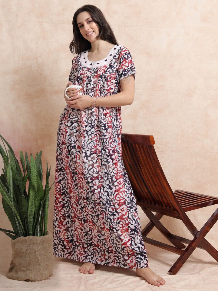 Blue Red Cotton Batik Nighty for Women