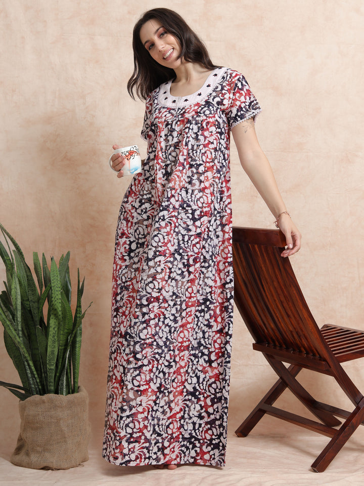 Blue Red Cotton Batik Nighty for Women