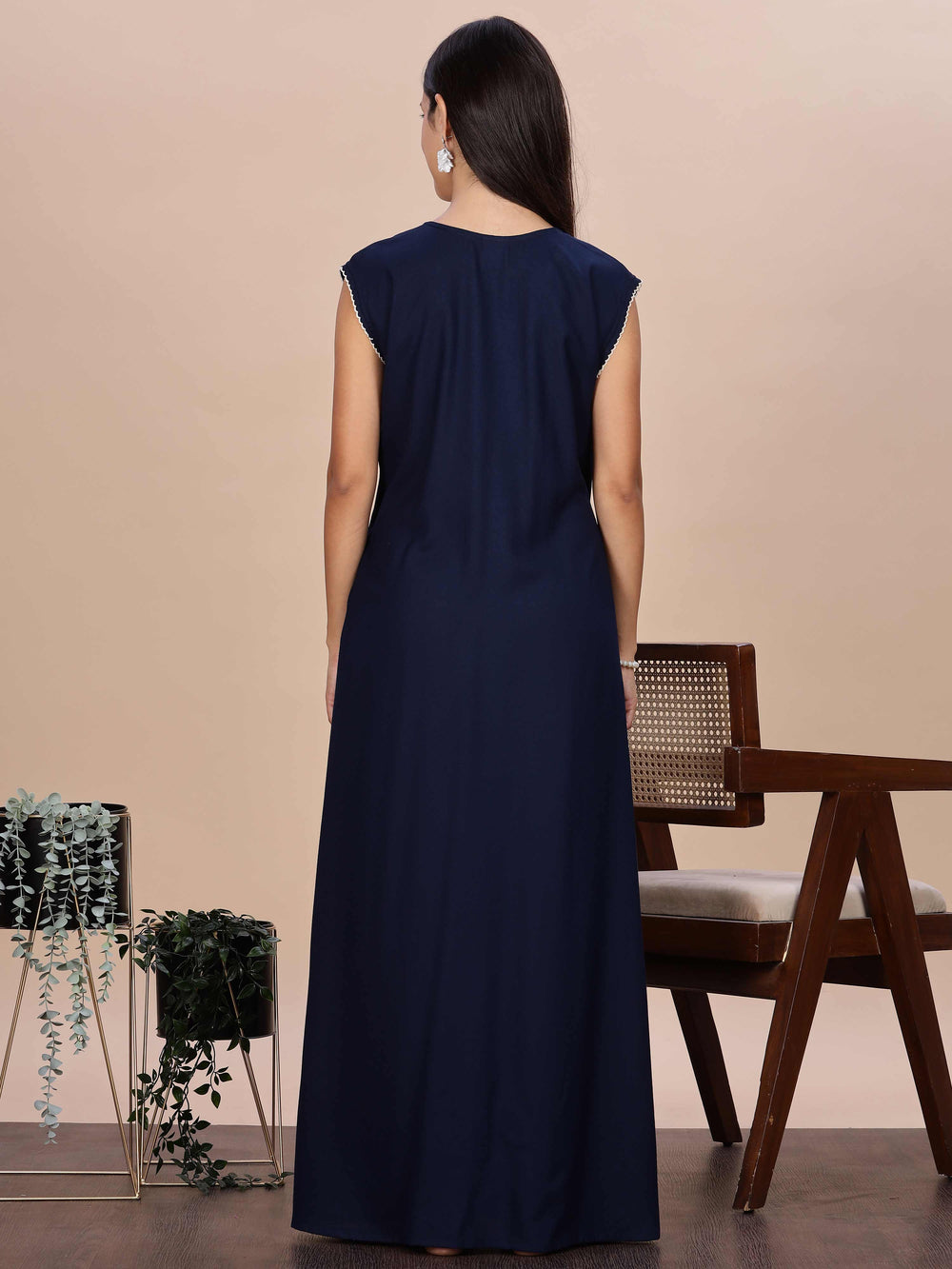 Blue Embroidered Sleeveless Night Dress for Women