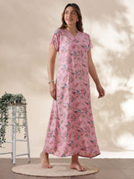 Alpine Blush Pink Floral Nighty for Women with Lace Sleeves