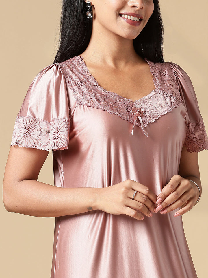 Blush Pink Branded Women Satin Nighty With Lace Finish