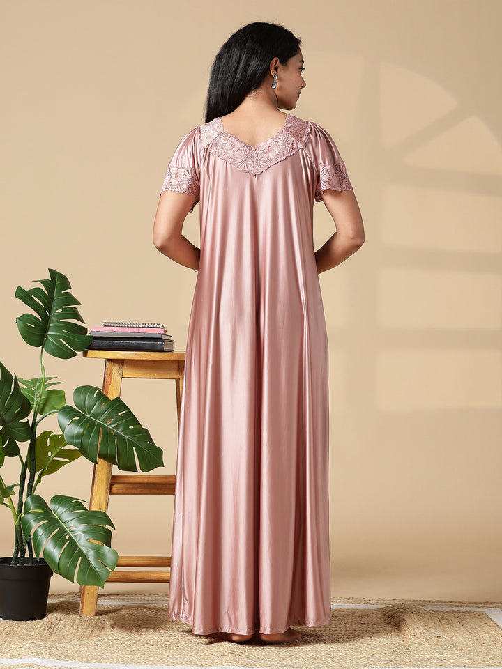 Blush Pink Branded Women Satin Nighty With Lace Finish